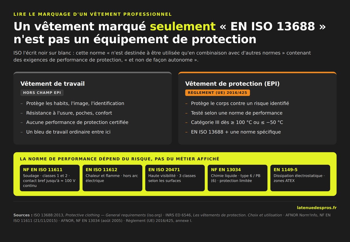 Comparatif vêtement de travail et vêtement de protection EPI selon la norme EN ISO 13688 et les normes de performance par métier